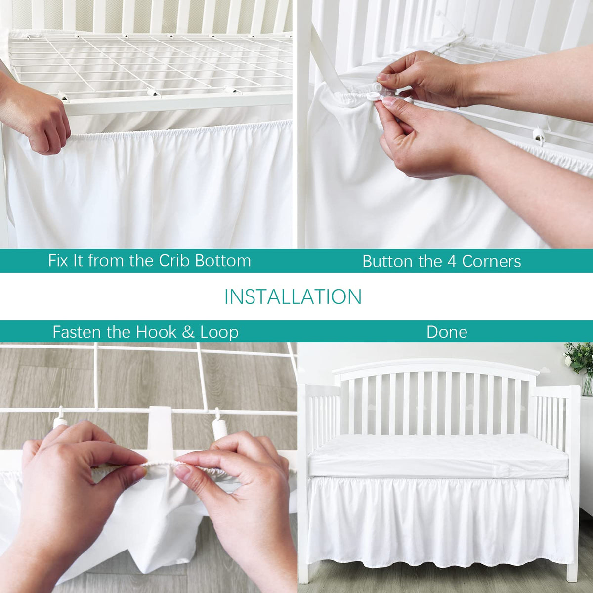 Crib Bed Skirt 14" Drop, Fits 28"x52" Crib, Adjustable, White