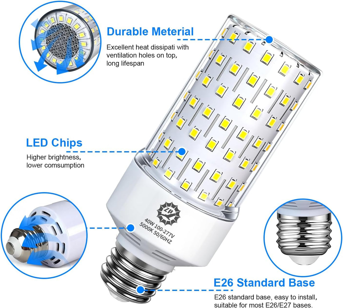 ZP 40W LED Light Bulb 2 Pack Corn Bulb 5000K Daylight Bulb E26 Base