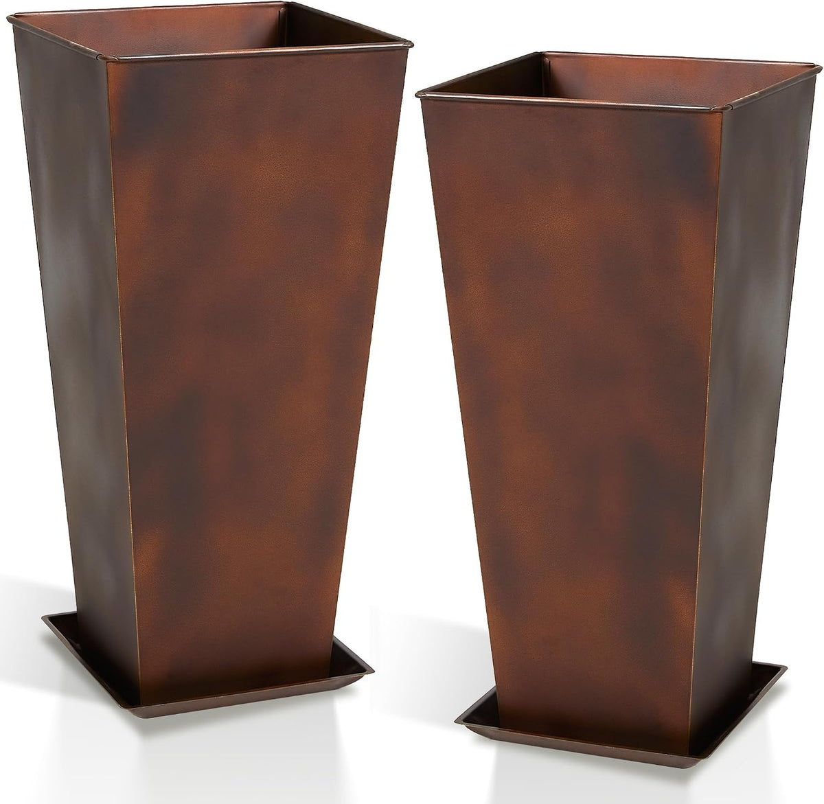 12" Dia x 28" H Large Metal Planter Set of 2, Matte Bronze Retro Finish Tall Square Tapered Steel Plant Pots, Decor