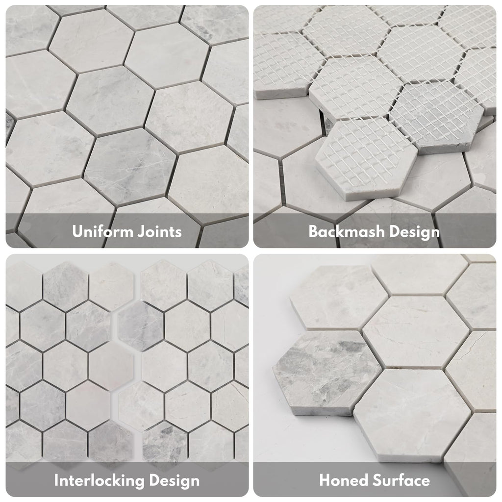 Andes Grey Marble Stone 2 Inch Hexagon White Marble Mosaic Tile Wall Bathroom Shower Floor (5 Sheet, Honed)