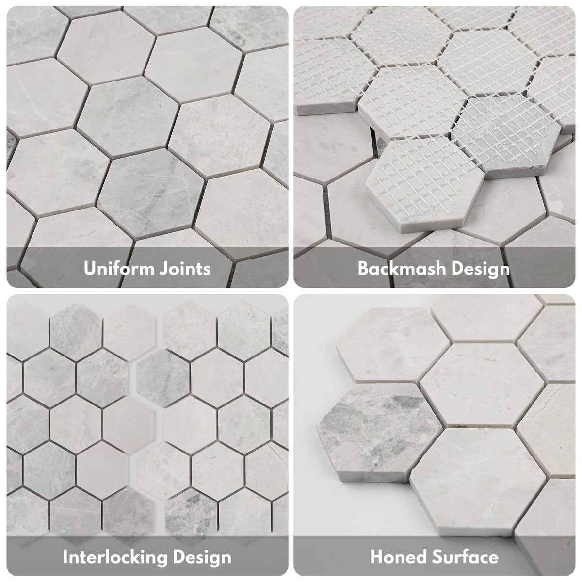 Andes Grey Marble Stone 2 Inch Hexagon White Marble Mosaic Tile Wall Bathroom Shower Floor (5 Sheet, Honed)