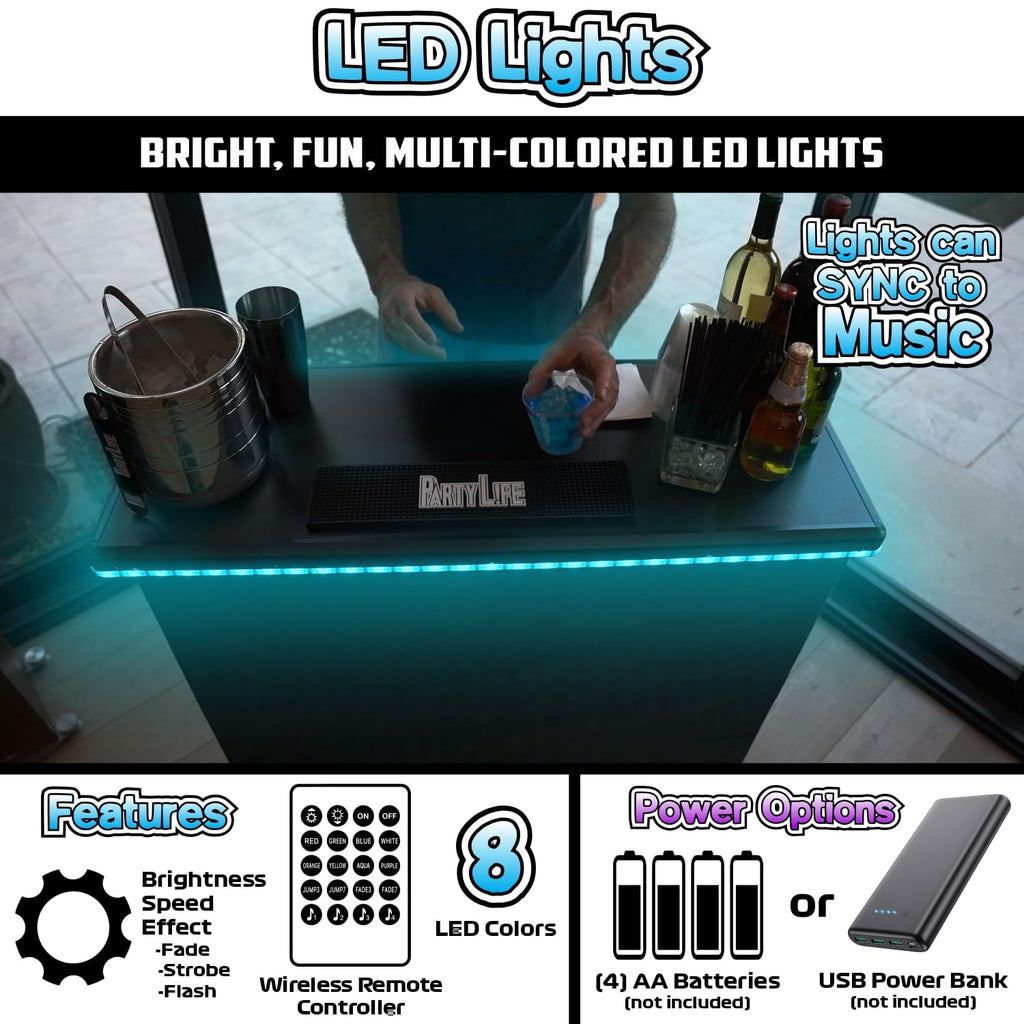 PartyLife NEW & Improved Portable Bar Table w/LED Lights, Folding Steel Legs, 2 Bar Skirts, Supportive Storage Shelf