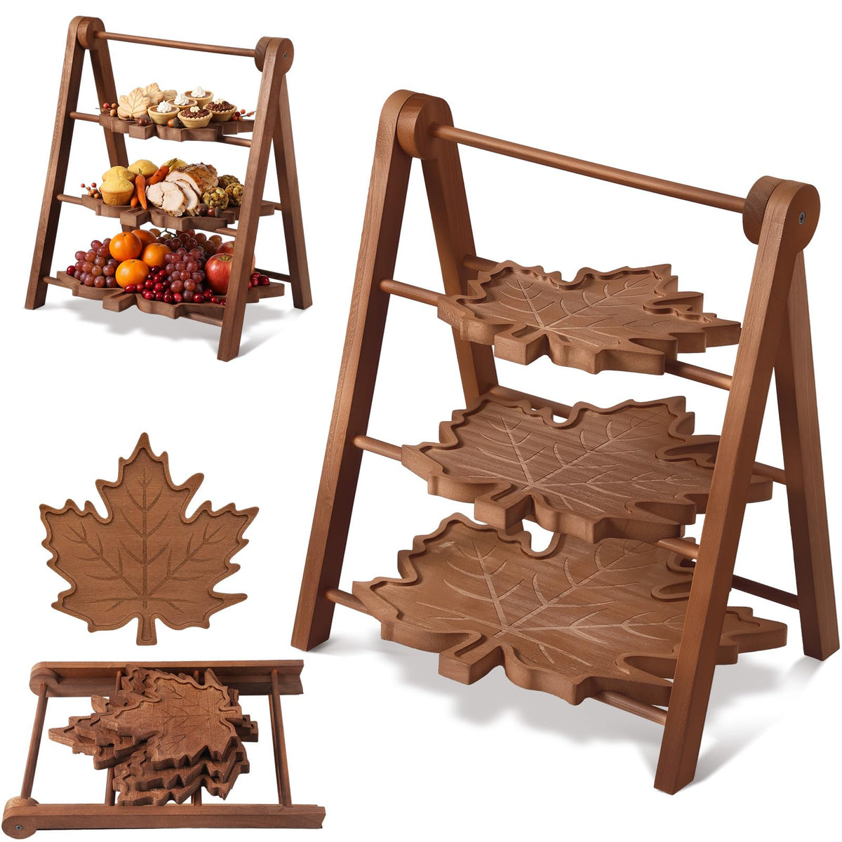 3 Tier Maple Leaf Serving Tray with 16" Collapsible Ladder Stand