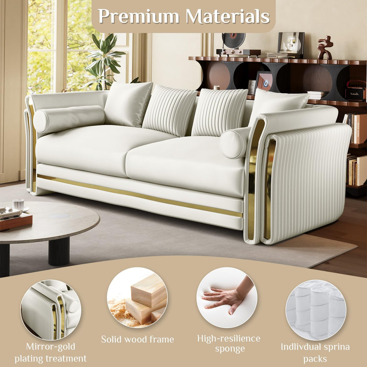 86.7" Chesterfield Sofa Luxury White and Gold Couch, White