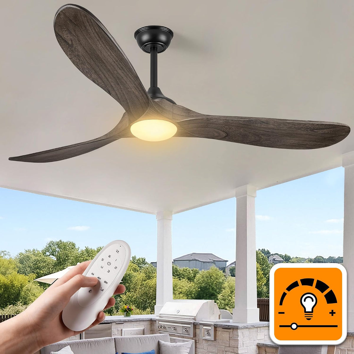 Inspired Maverick Style 60 Inch Outdoor Ceiling Fans with Lights, Propeller Solid Wood Ceiling Fans with Light and Remote Control for Outdoor Ceiling Fan with Light for Patio Farmhouse, DC ETL Listed, Deep Brown