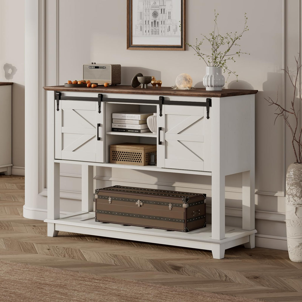 46" Farmhouse Console Table with Sliding Barn Doors, Antique White