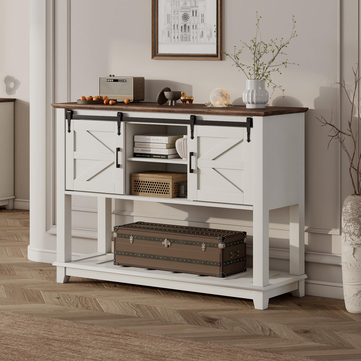 46" Farmhouse Console Table with Sliding Barn Doors, Antique White