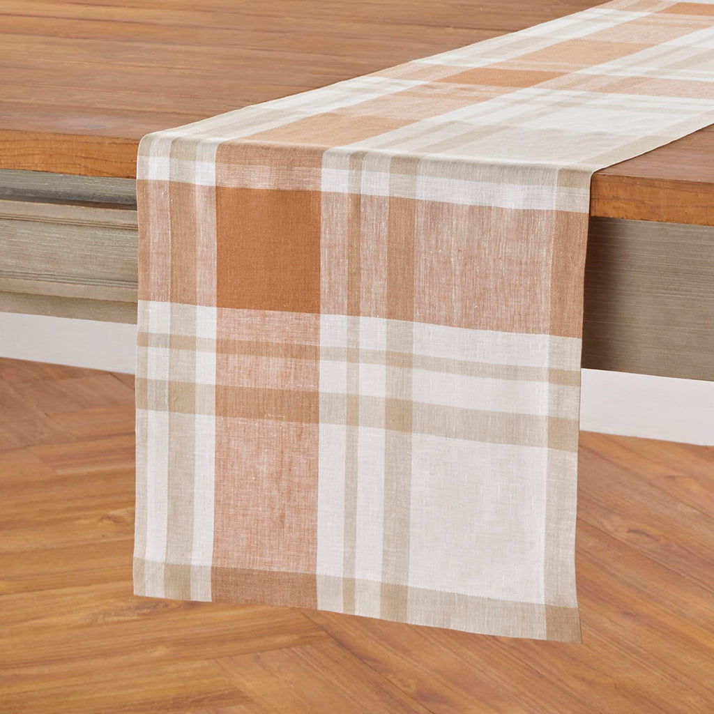 100% Pure Linen Table Runner Fall Harvest Plaid, 14 x 132 in