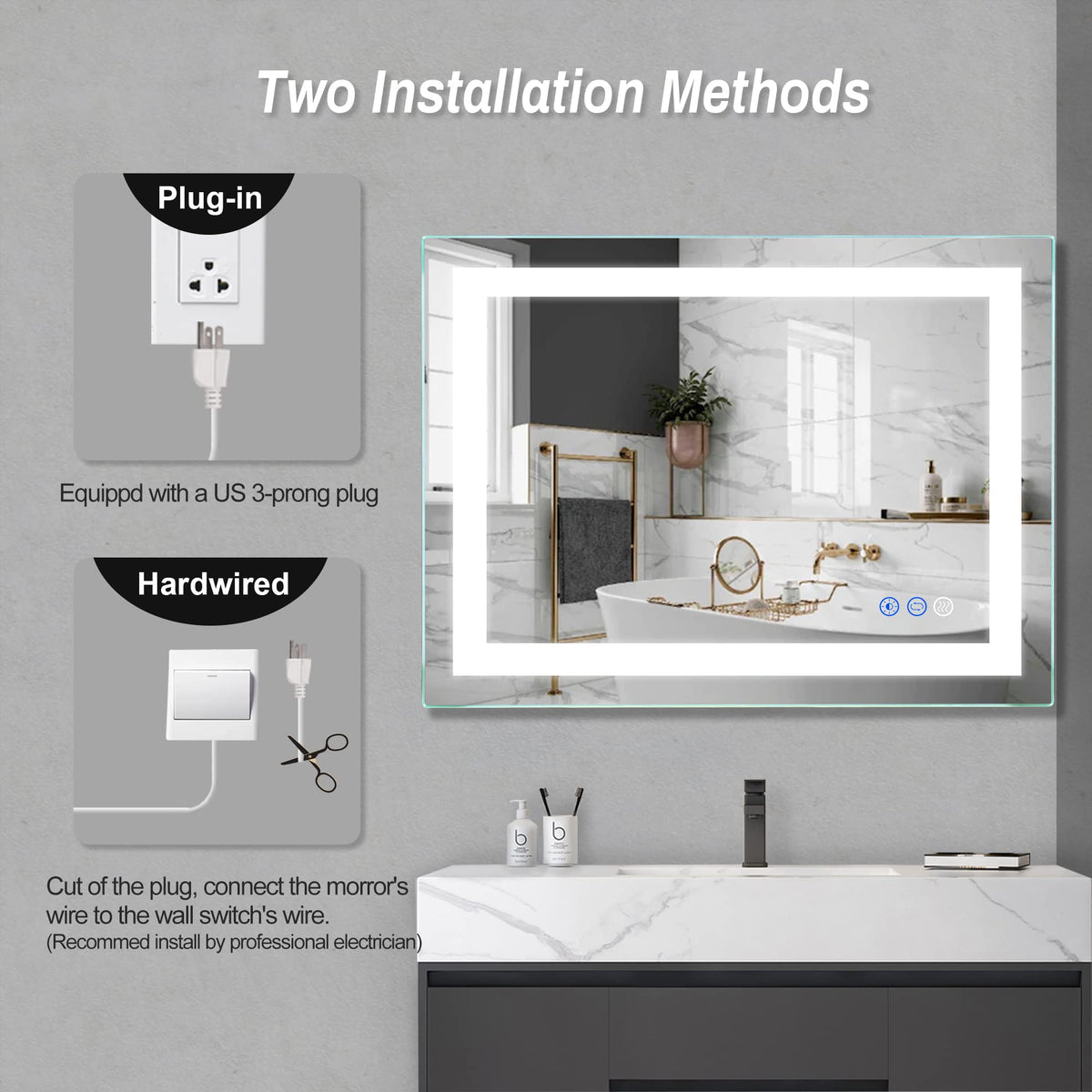 32"x 24" LED Bathroom Mirror Vanity Mirror, Anti-Fog, Dimmable, Color Temperature Adjustable 3000-6000K, Switch-held