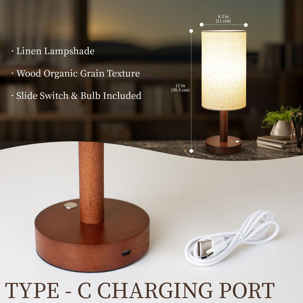 Cordless Table Lamp, 3 Color Portable Battery Lamp Wood Base Touch
