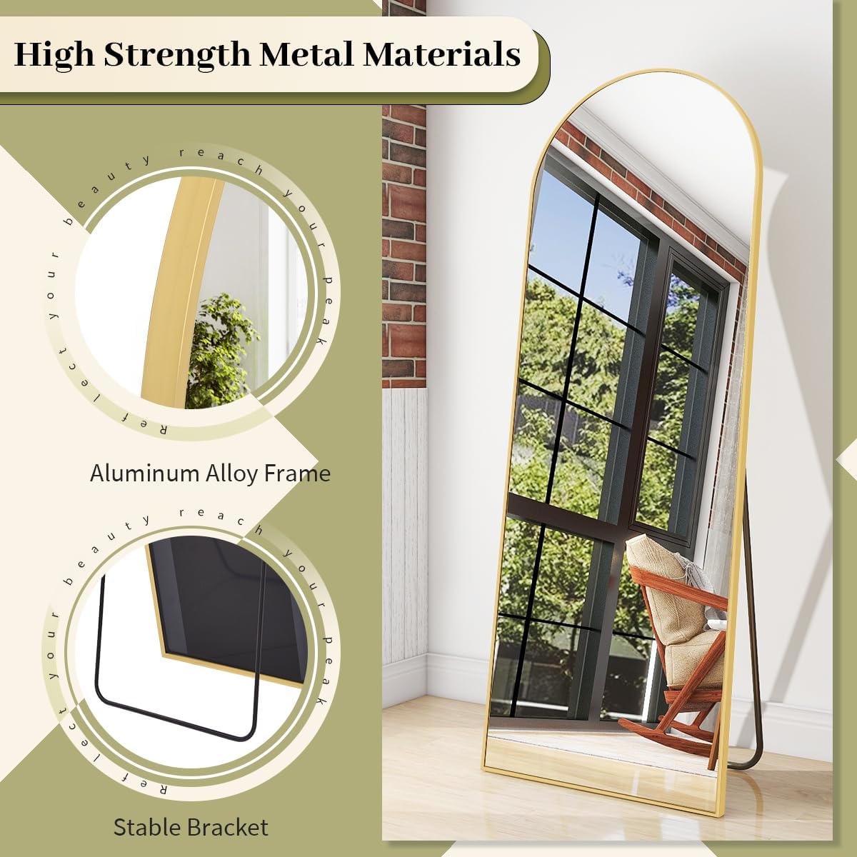 65" x 24" Arch Full-Length Mirror with Stand, Gold