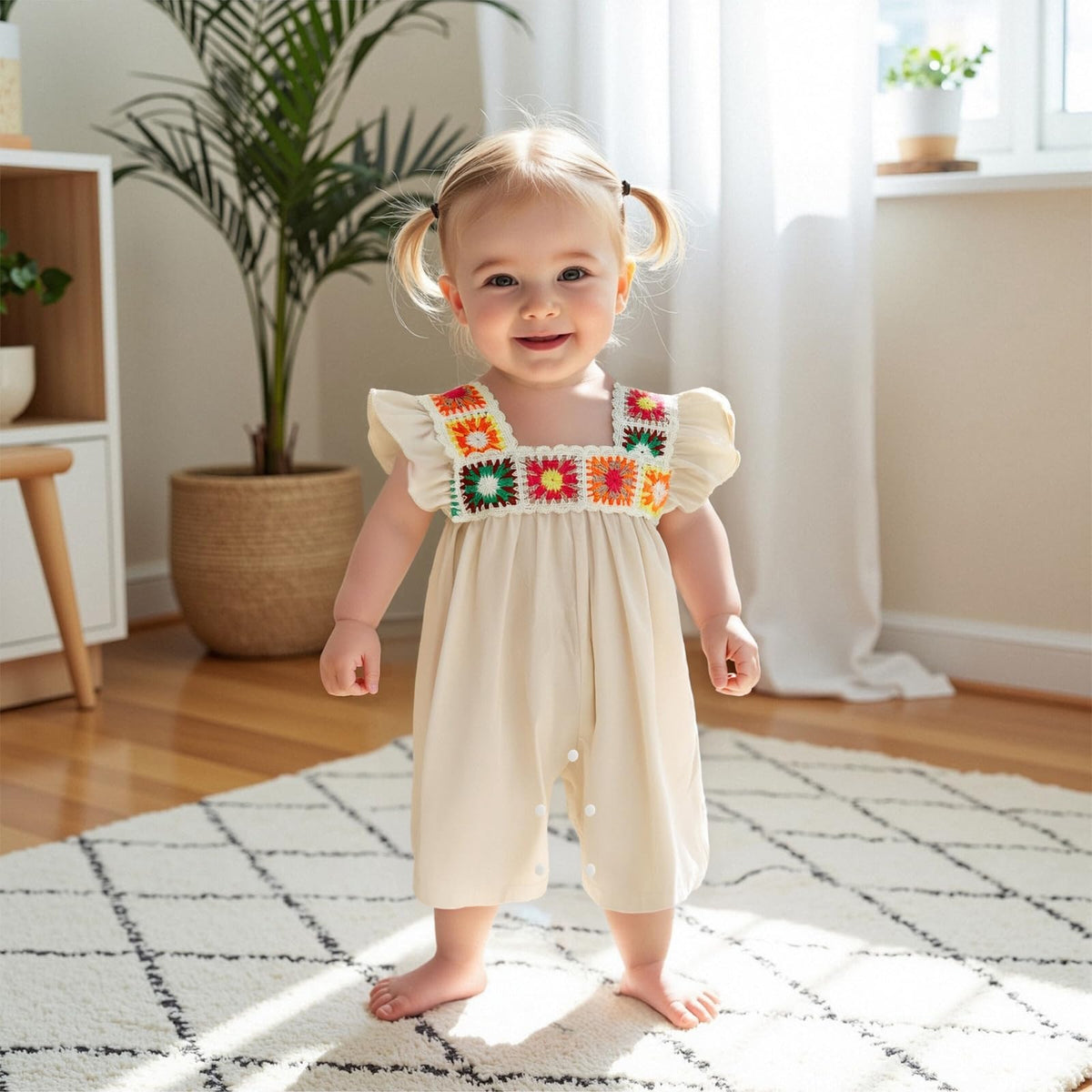 Baby Girl Romper Summer Clothes Ruffle Sleeveless Bodysuit Crochet Floral Bubble Romper Infant Bodysuit Boho Outfit