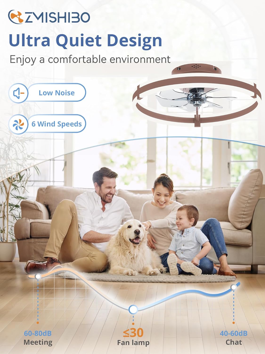 19.7" Brown Flush Mount Chandelier Ceiling Fan with Light & Remote