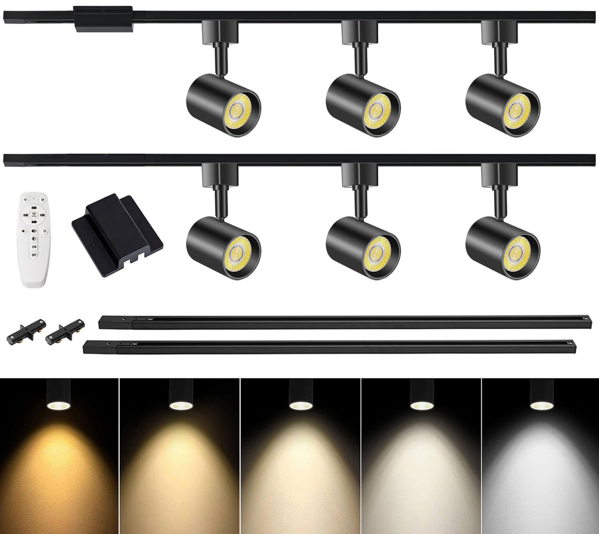 6 Lights Remote Control LED Track Lighting Kit Dimmable, 10W Black