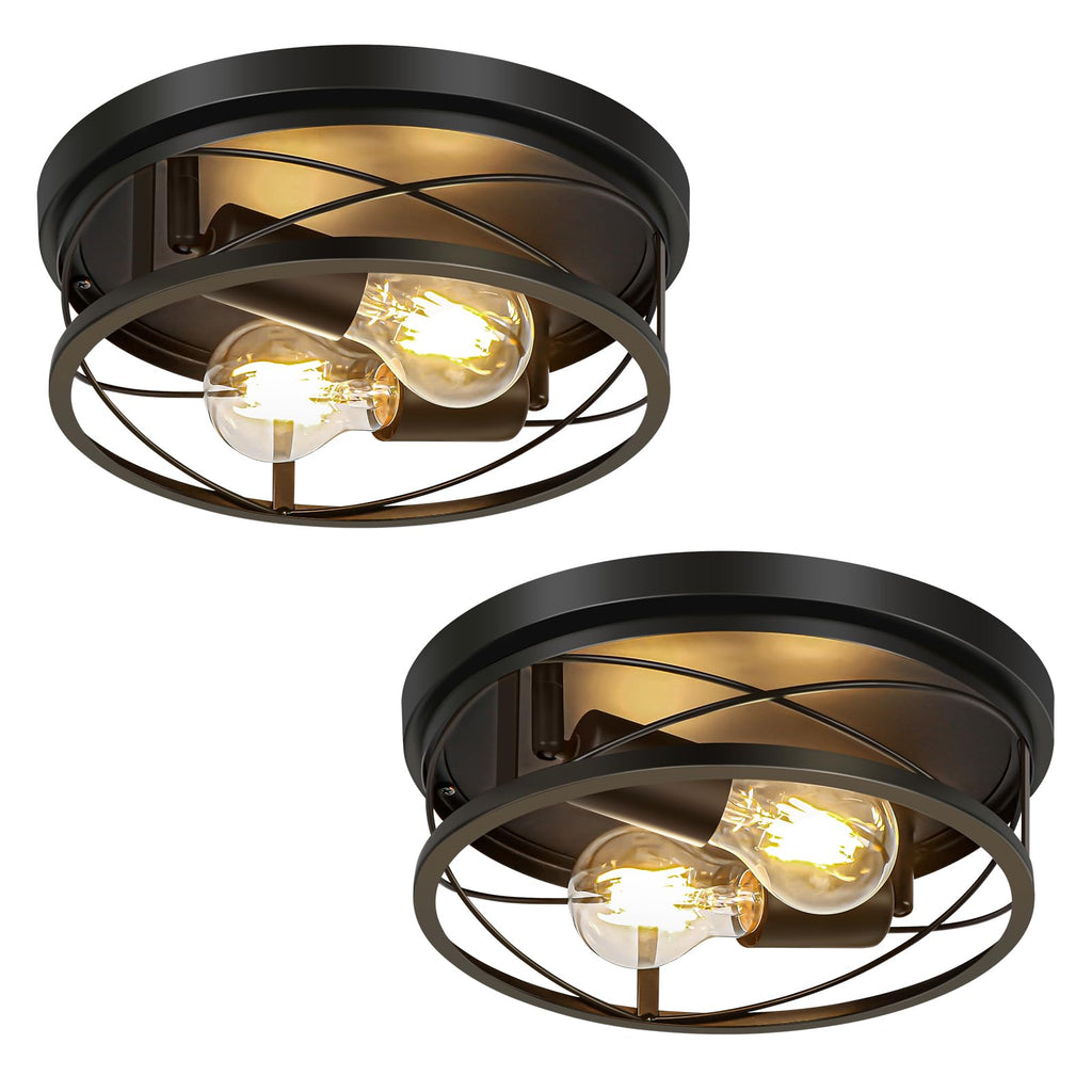 Farmhouse Ceiling Light, Black 2-Light Hallway Flush Mount Ceiling Lights, Round Metal Lighting Fixtures Ceiling