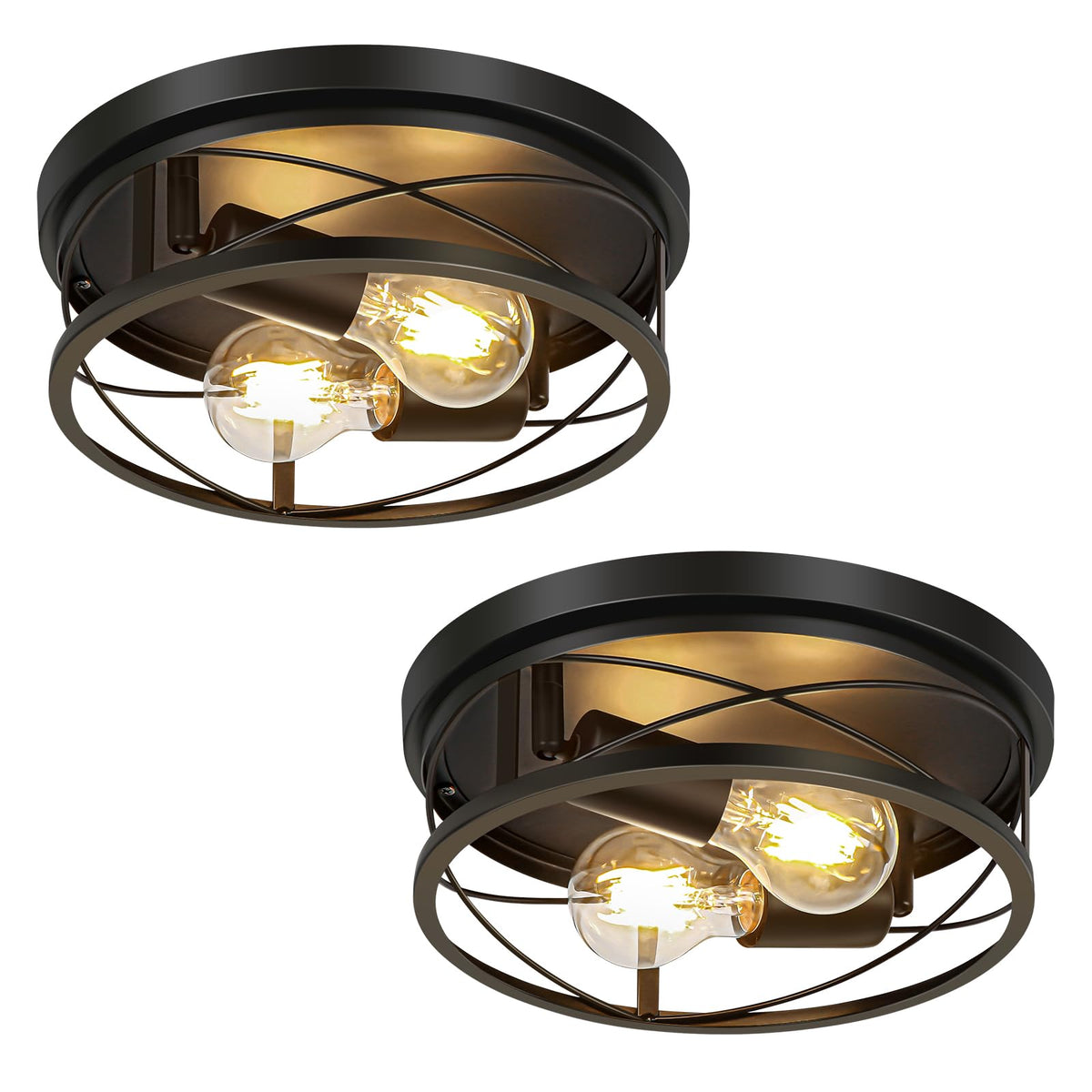 Farmhouse Ceiling Light, Black 2-Light Hallway Flush Mount Ceiling Lights, Round Metal Lighting Fixtures Ceiling