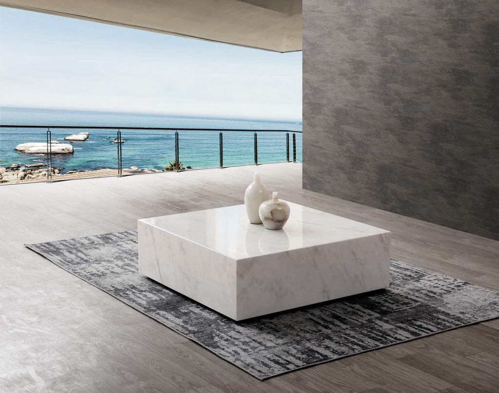 Imports Cube Square Coffee Table in High Gloss Black or White Marble with Casters