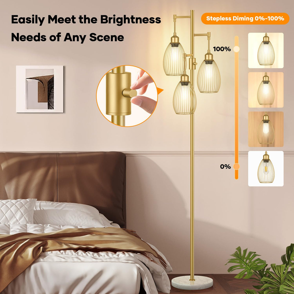 Dimmable Floor Lamp,3x800LM LED Bulbs Included, Farmhouse Industrial Floor Lamp Standing Tree Lamp with Teardrop Cage
