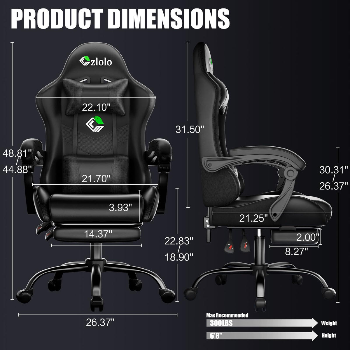 Gaming Chair with Footrest Racing Style Lumbar Support Massager Video Game Chair with Metal Legs, High Back Gamer