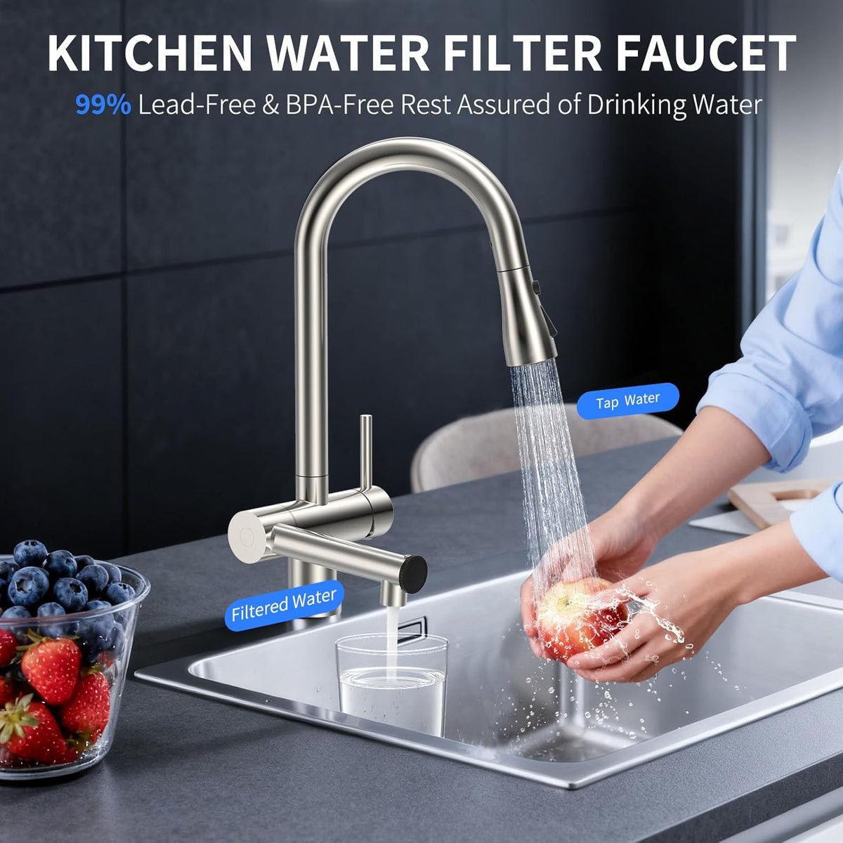 Kitchen Faucets with Filtered, Stainless Steel Filter Kitchen Faucet with Pull Down Sprayer Reduces Lead, Chlorine