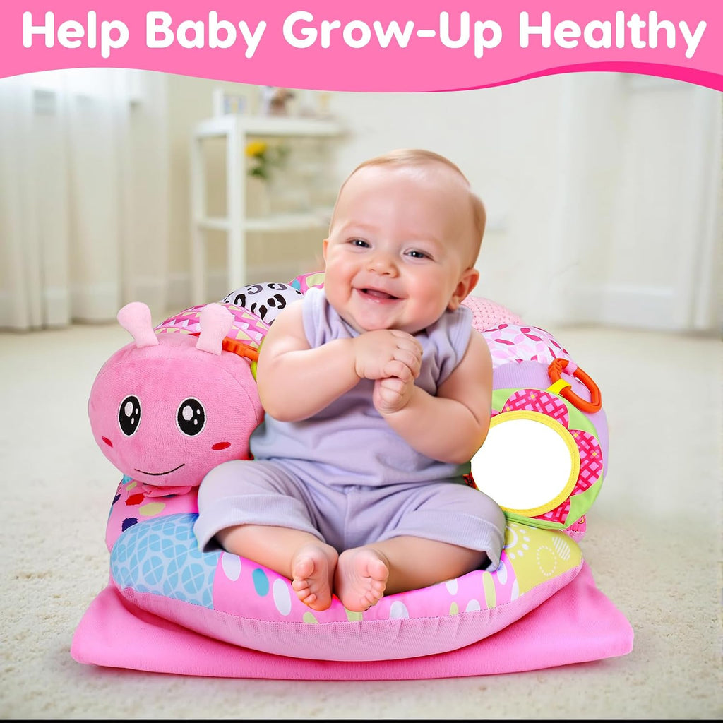 2 in 1 Baby Tummy Time Mat & Support Seated Pillow Infant Newborn Toys 0 1 2 3 4 5 6 Months Pink Caterpillar Sensory