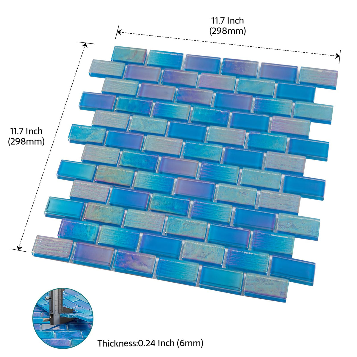 Pool Tile, Glass Backsplash Tiles Iridescent Blue 1x2 Inch Brick, 5 Sheets