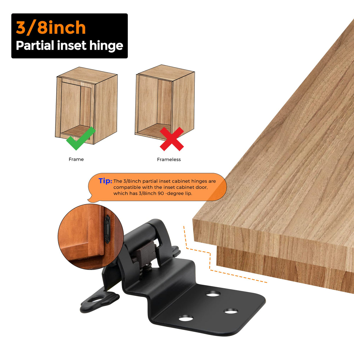 Black Kitchen Cabinet Hinges, 3/8 Inch Inset, 60 Pack