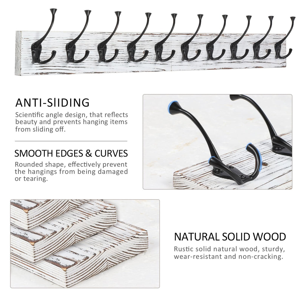 Vintage White Wall Mounted Coat Rack, 34" Long with 10 Tri-Hooks