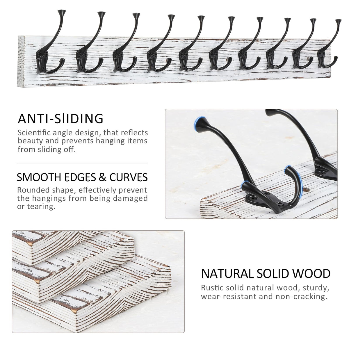 Vintage White Wall Mounted Coat Rack, 34" Long with 10 Tri-Hooks
