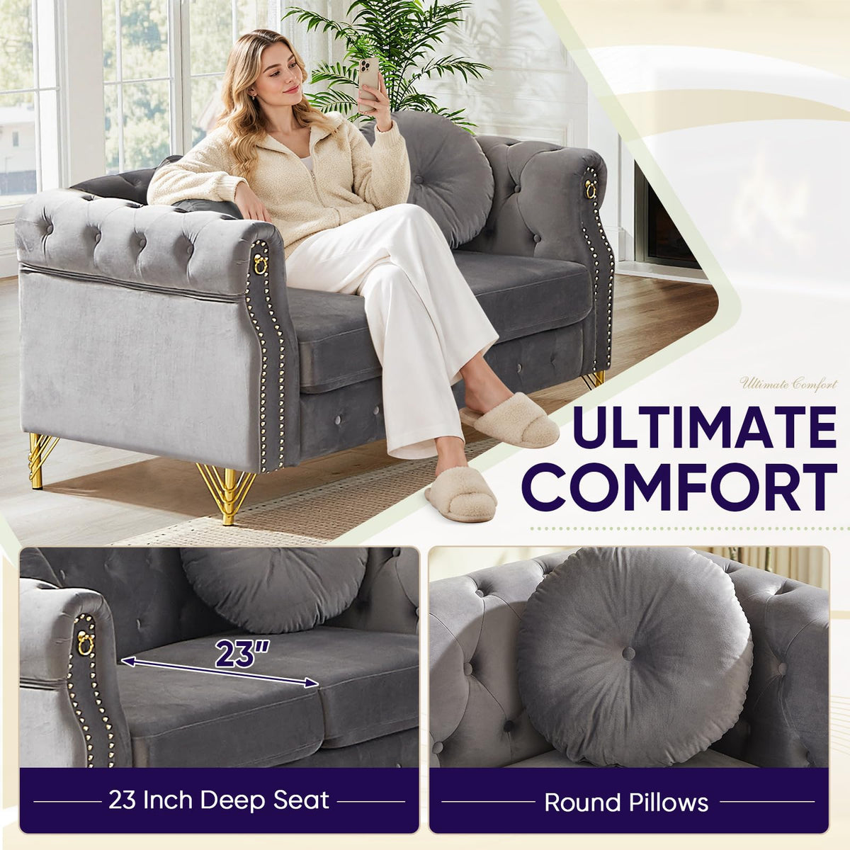 3 Piece Chesterfield Sofa Set with Armrest Ring(37"W+60.5"W+82"W, Grey)