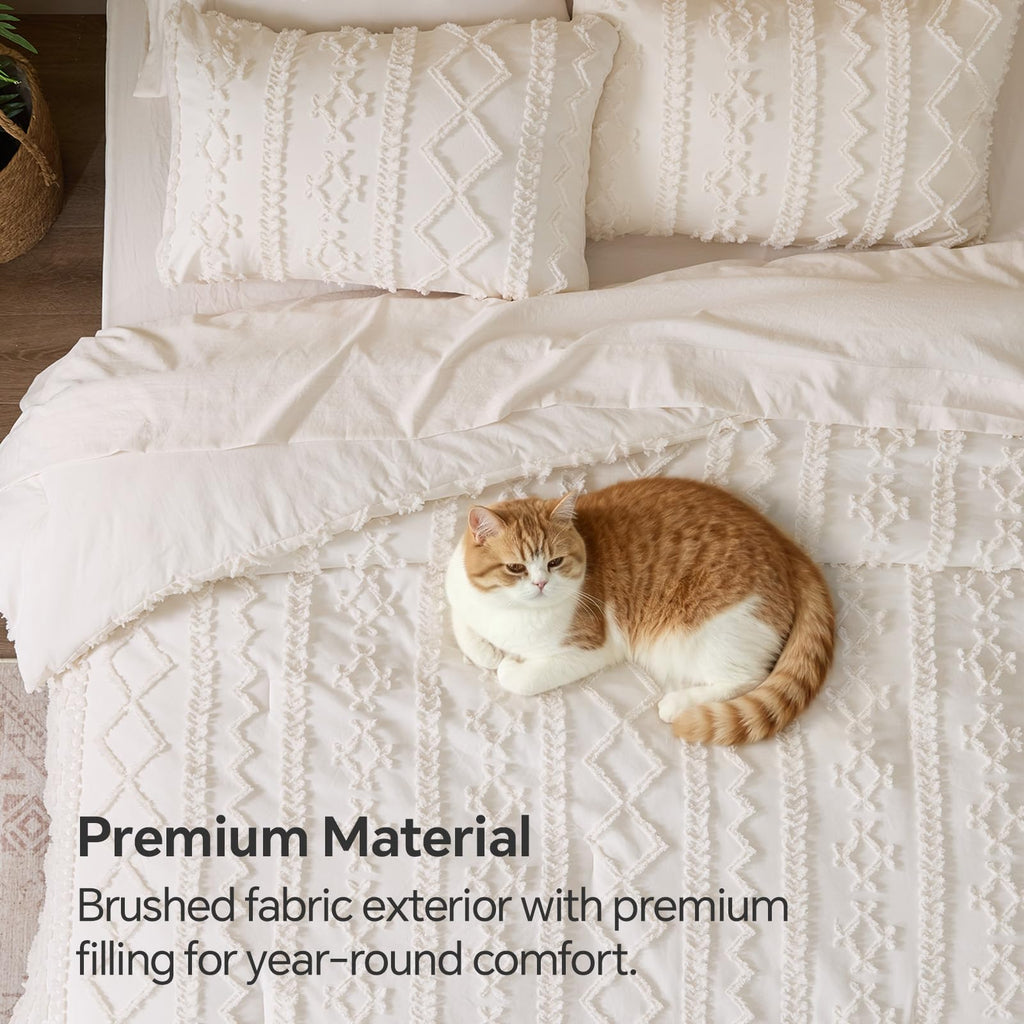 Queen Comforter Set 7 Pieces, Boho Bed in a Bag, Cream White