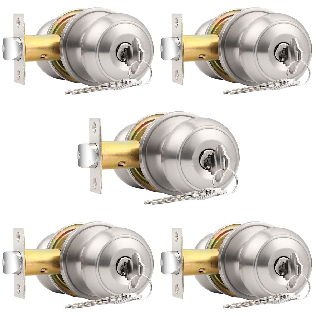 Keyed Alike Door Knobs with Lock and Key, Exterior Door Locks, Flat Ball Knob Style, Brushed Nickel, 5 Pack