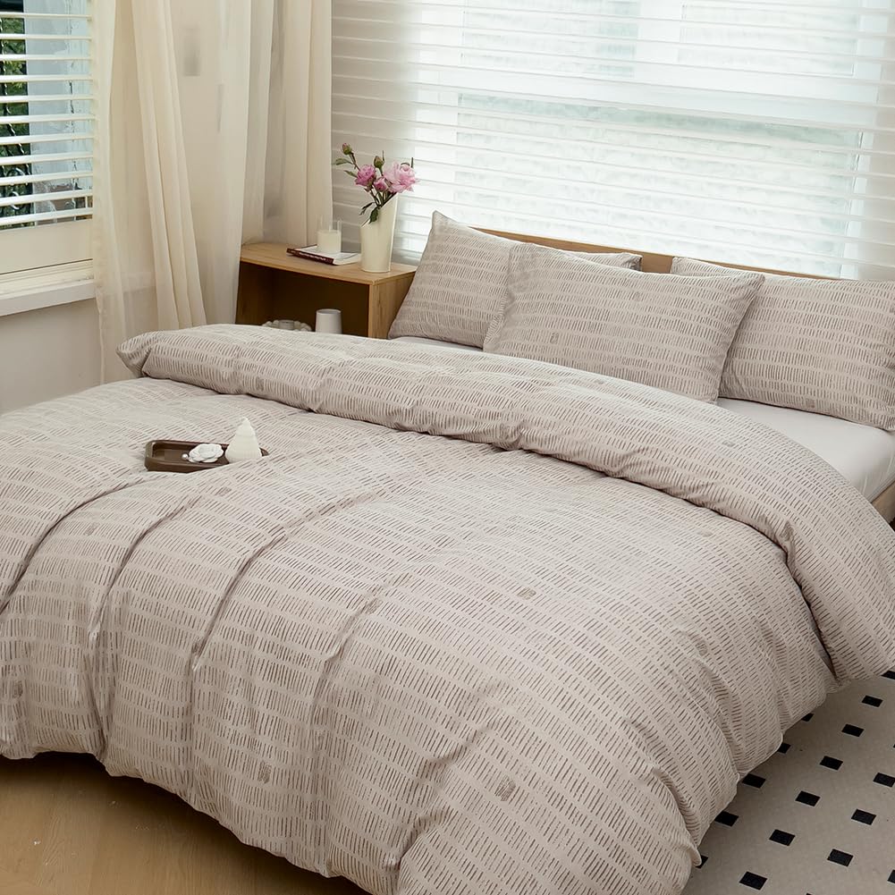 Beige Boho Duvet Cover King, Vintage Striped Comforter Cover Set, Bohemian Bedding Cover Set(3 Pieces, King)