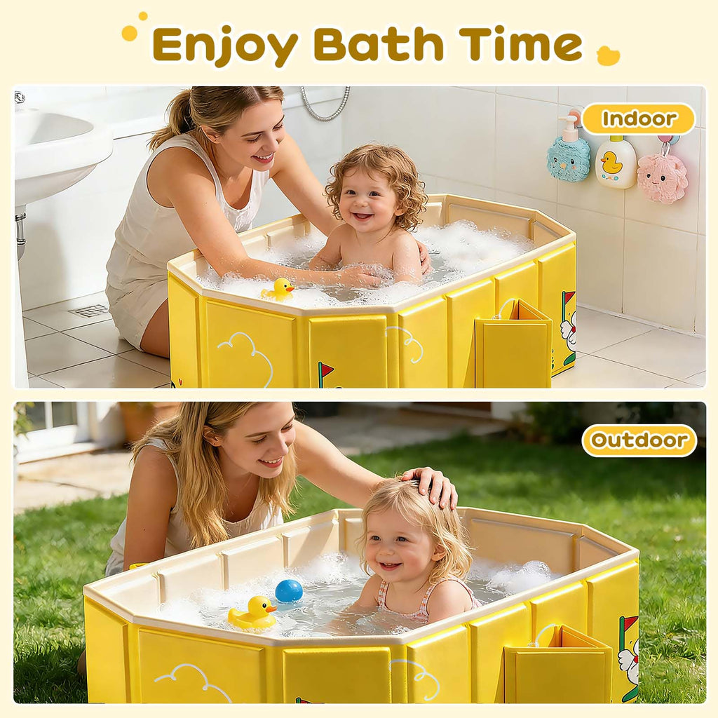 Collapsible Toddler Bathtub for Ages 1-5, Portable Foldable Baby Bath Tub with Dual Drain, No-Assembly Kids Shower