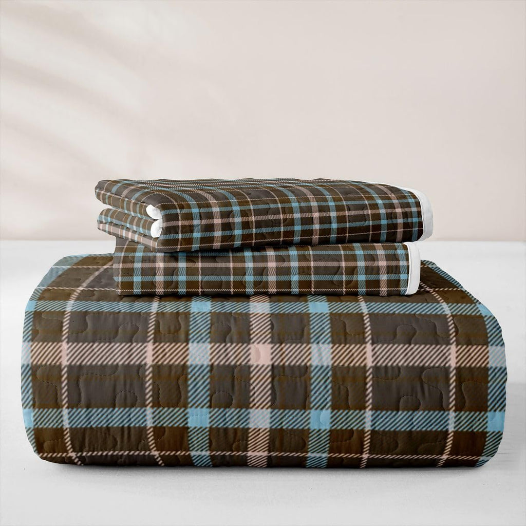 Checkered Plaid Quilt Rustic Stripes Gingham Quilt Set |Brown Blue Grid Coverlet Vintage Checkered Lodge Quilted