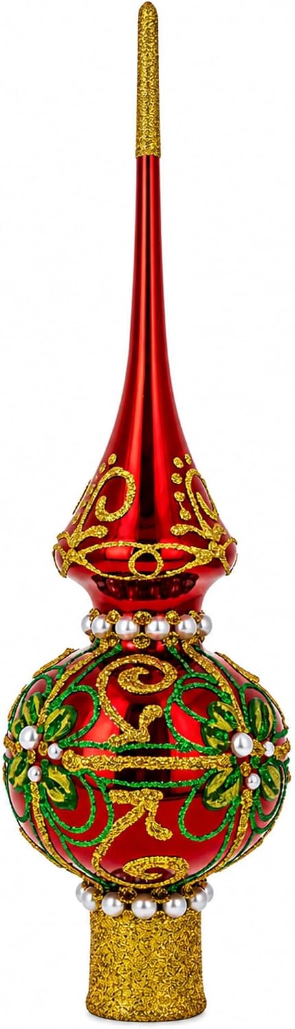 Red Glass Christmas Tree Topper with Green and Gold Glitter, 11 Inches