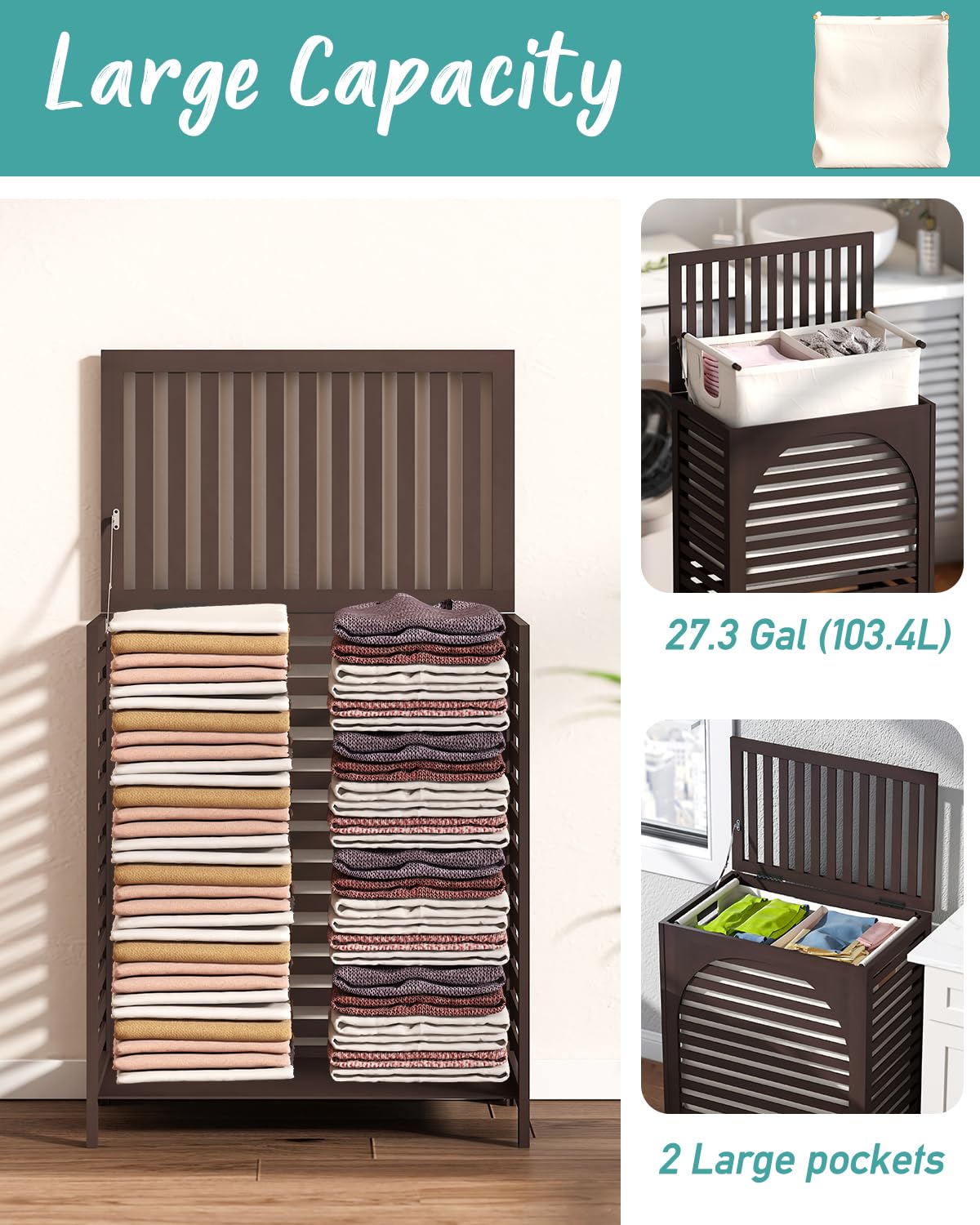 Hamper, 27.3 Gallon (103L) Bamboo Wood Clothes Laundry Basket with Lid and Handles, Removable Liner