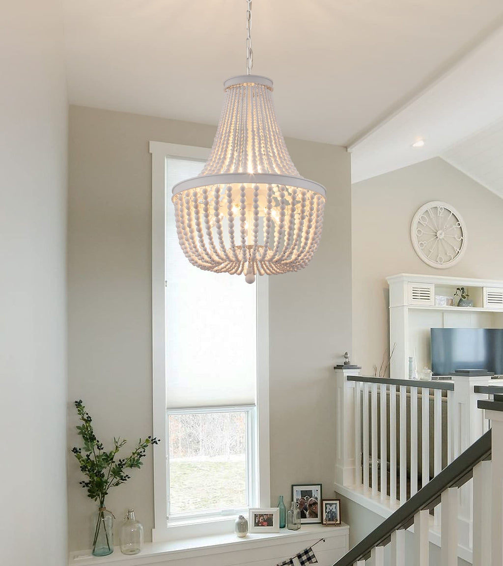 Beaded Chandelier Farmhouse White Wood Beaded Boho Light Fixture Vintage Antique 8 Lights Nursery Kitchen Foyer