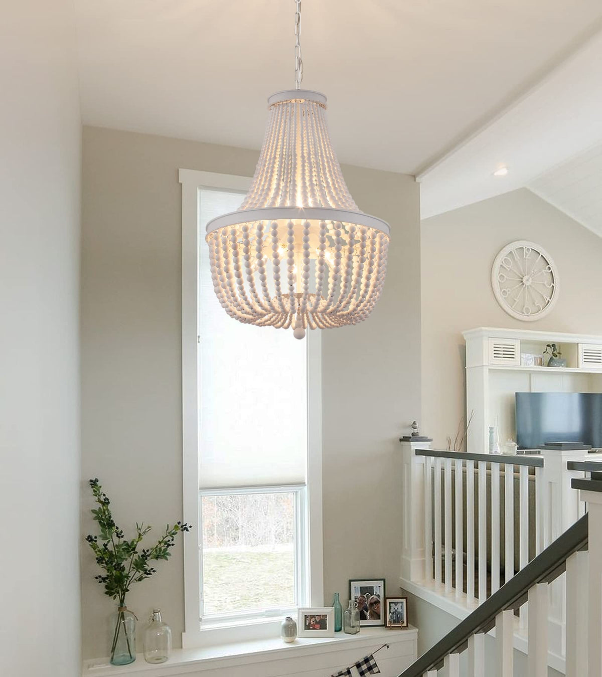 Beaded Chandelier Farmhouse White Wood Beaded Boho Light Fixture Vintage Antique 8 Lights Nursery Kitchen Foyer