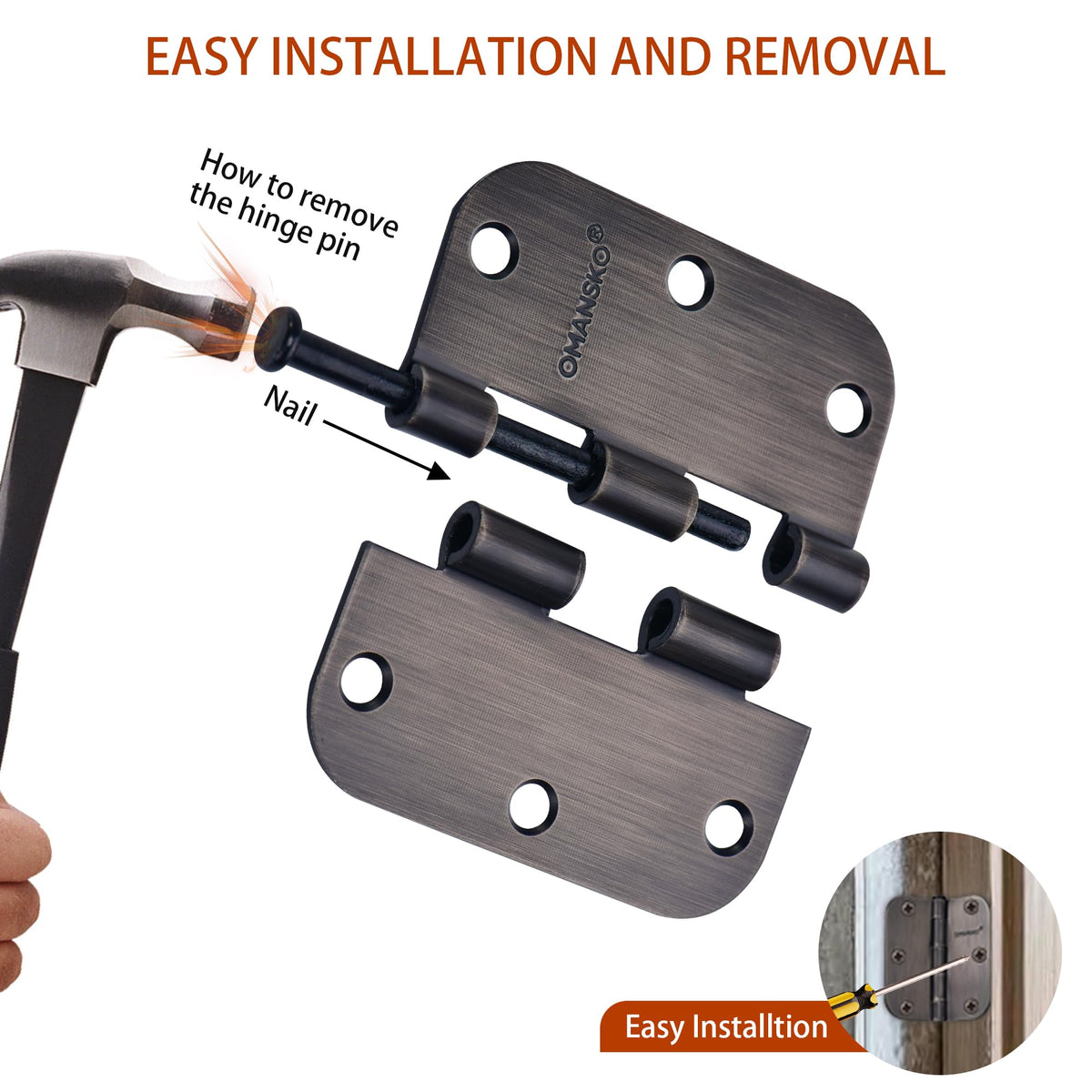 24 Pack Door Hinges, 3.5 x 3.5 Inch Oil Rubbed Bronze Hinges for Wood 5/8'' Radius Corners Interior Hinges, 3 1/2