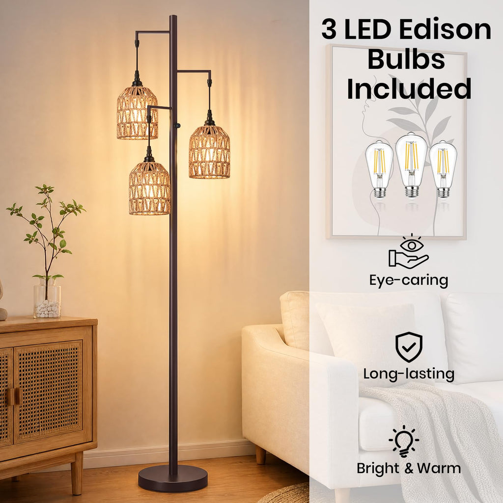 70'' Tall Floor Lamp, 3-Light Rattan Standing Lamp, Brown