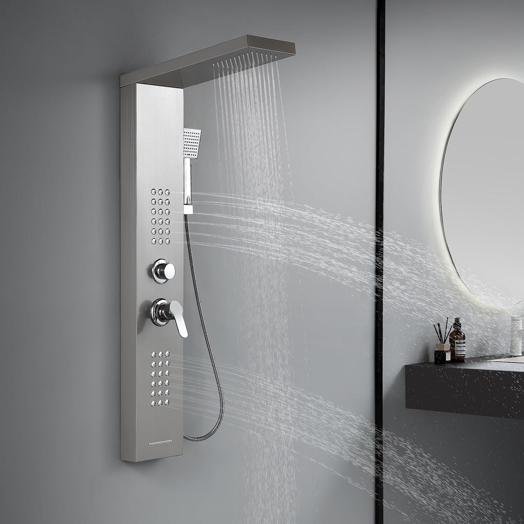 4 in 1 Rainfall Shower Panel Tower with Powerful Body Jets, Brushed