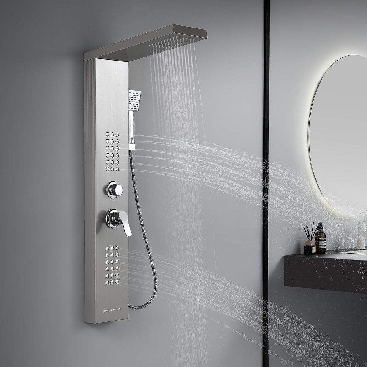 4 in 1 Rainfall Shower Panel Tower with Powerful Body Jets, Brushed