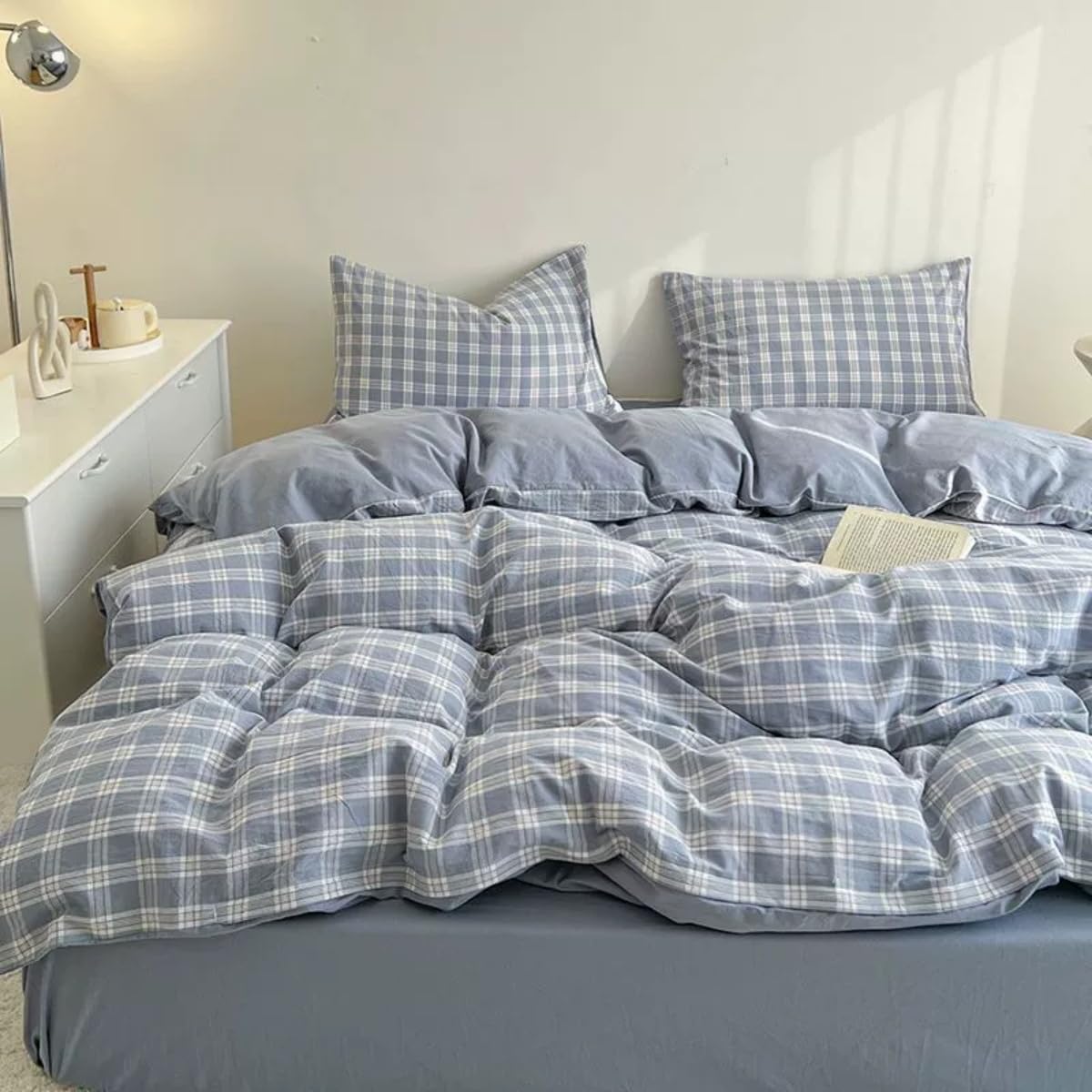 Blue Gingham Comforter Set Reversible Plaid Bedding Set