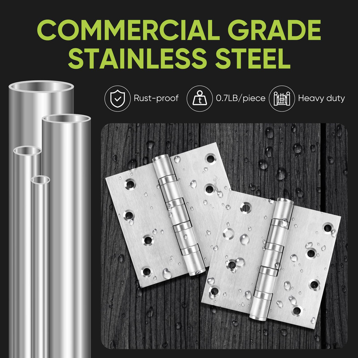 3 Pack Ball Bearing Door Hinges, 4in x 4in Heavy Duty Stainless Steel Door Hinges for Exterior & Interior Doors