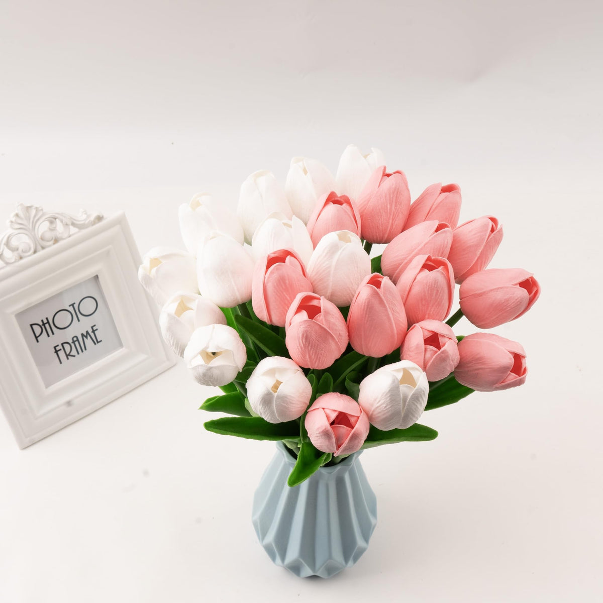28 Pcs Artificial Tulips, 13.5 Inches PU Faux Tulip Flowers for Spring Easter Celebration Mother's Day Brunch Table