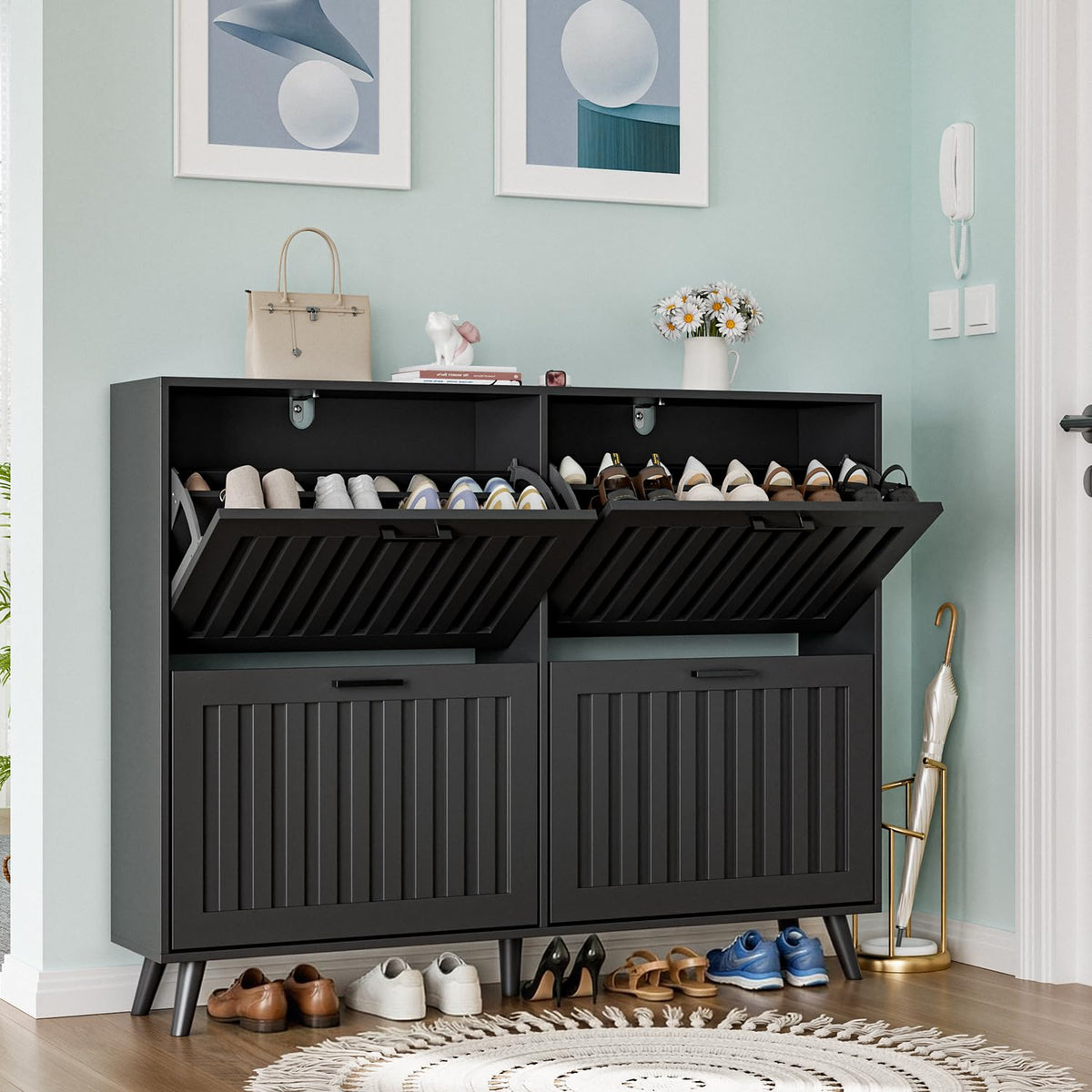 Shoe Storage Cabinet Narrow Shoe Rack Cabinet 4 Flip Drawers