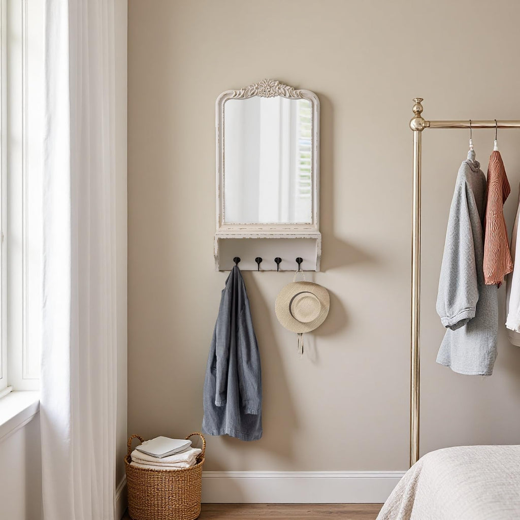 Vintage Mirror with Shelf and 4 Hooks 30 X 16 Inch