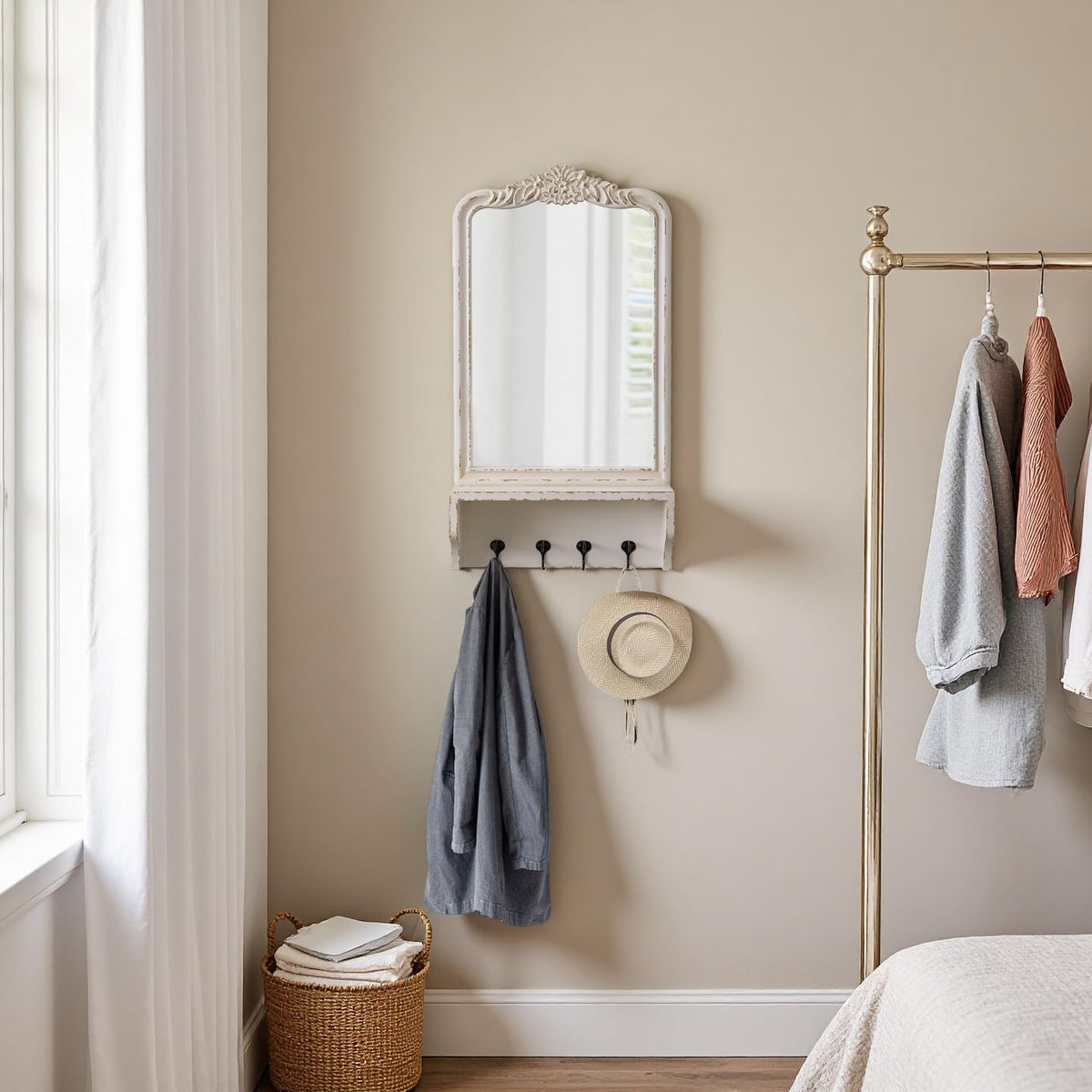 Vintage Mirror with Shelf and 4 Hooks 30 X 16 Inch