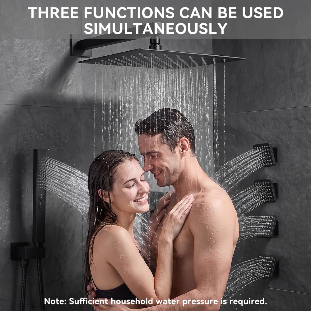 Thermostatic Shower System with Body Jets, 12" Rain Shower with 2 in 1 Handheld, Can Use All at Once, Push Button